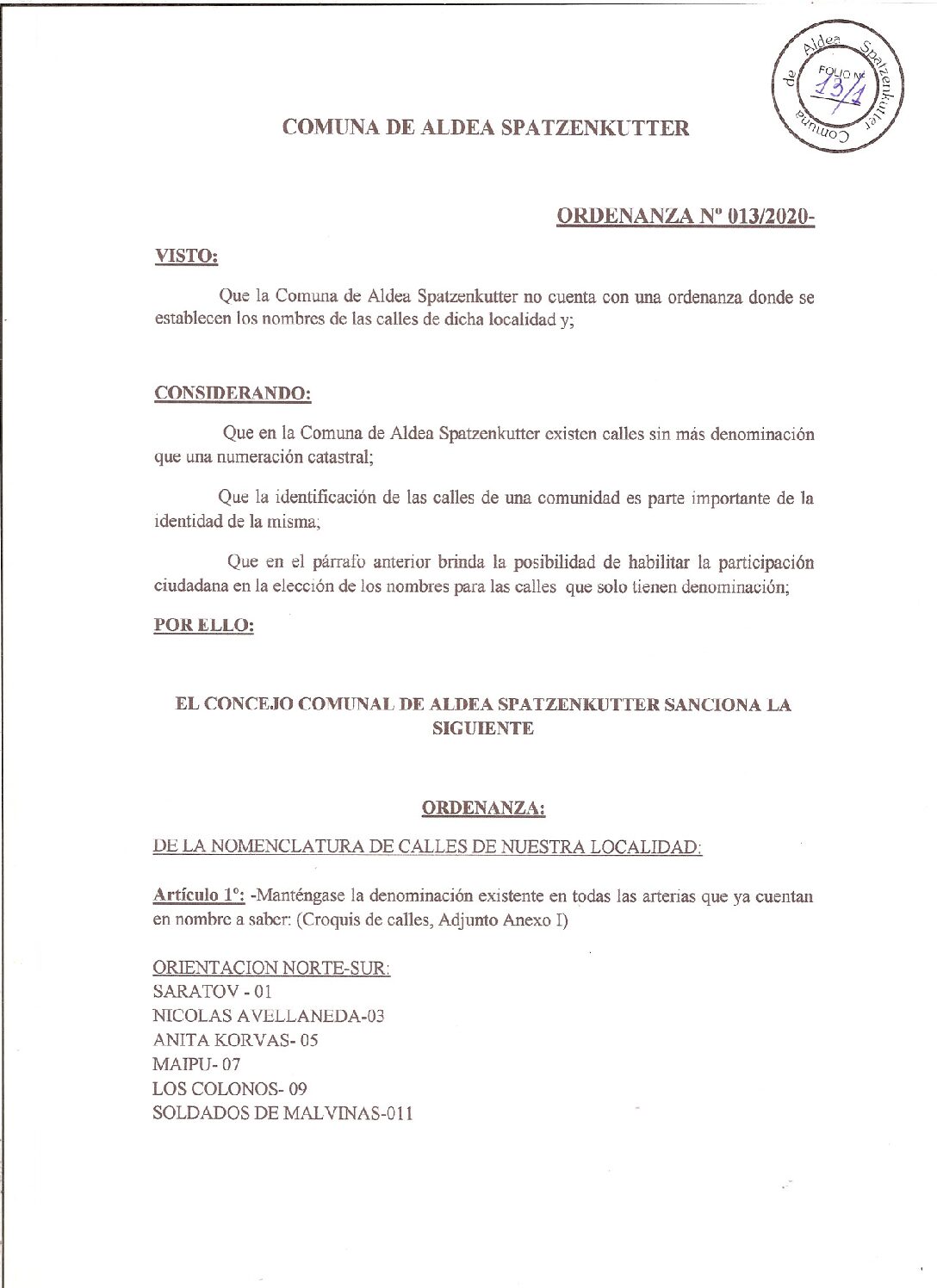 ORDENANZA Nº013-20.