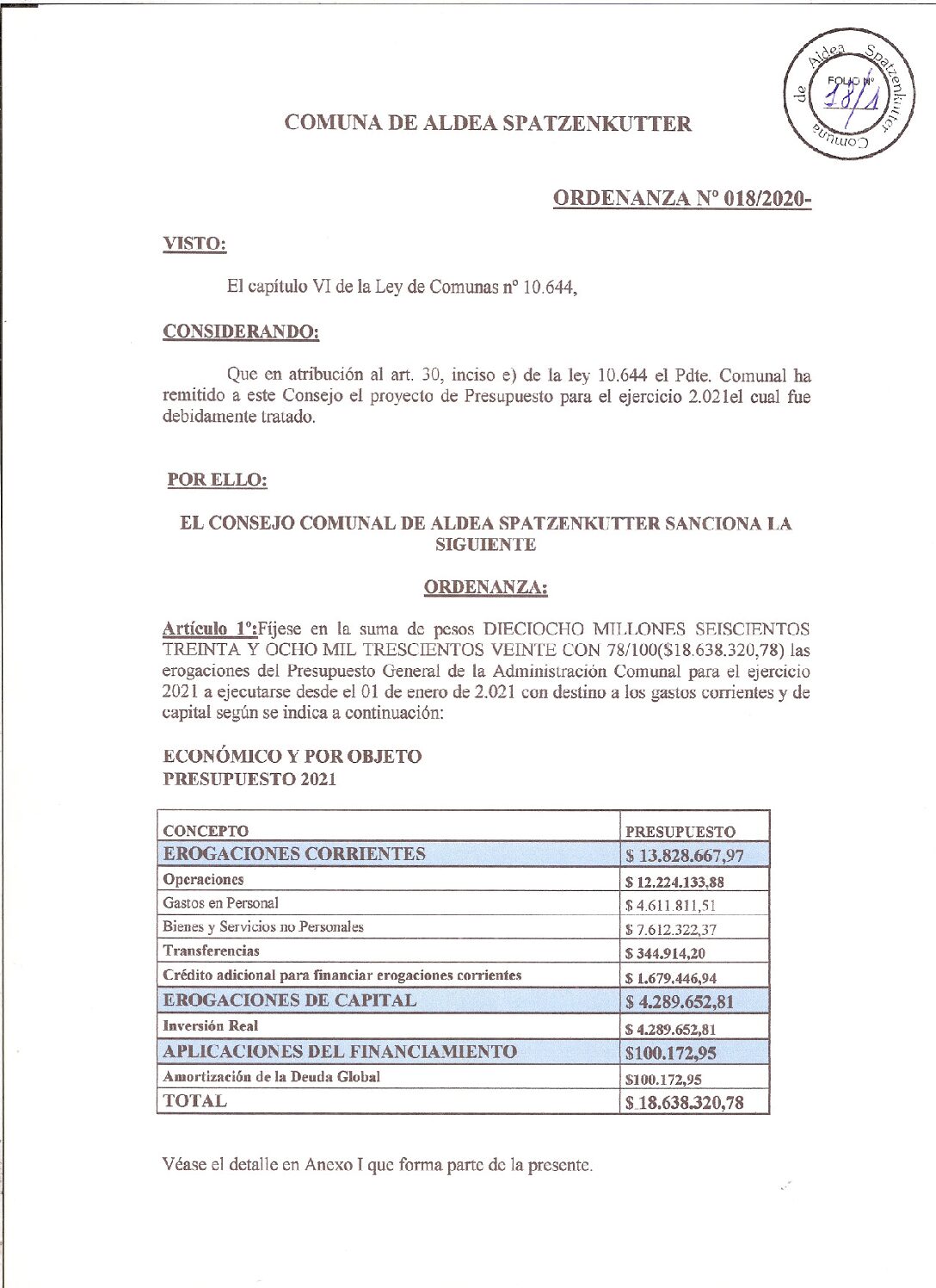 ORDENANZA Nº 018-20