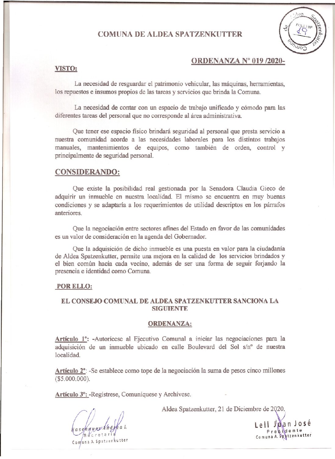 ORDENANZA Nº 019-20