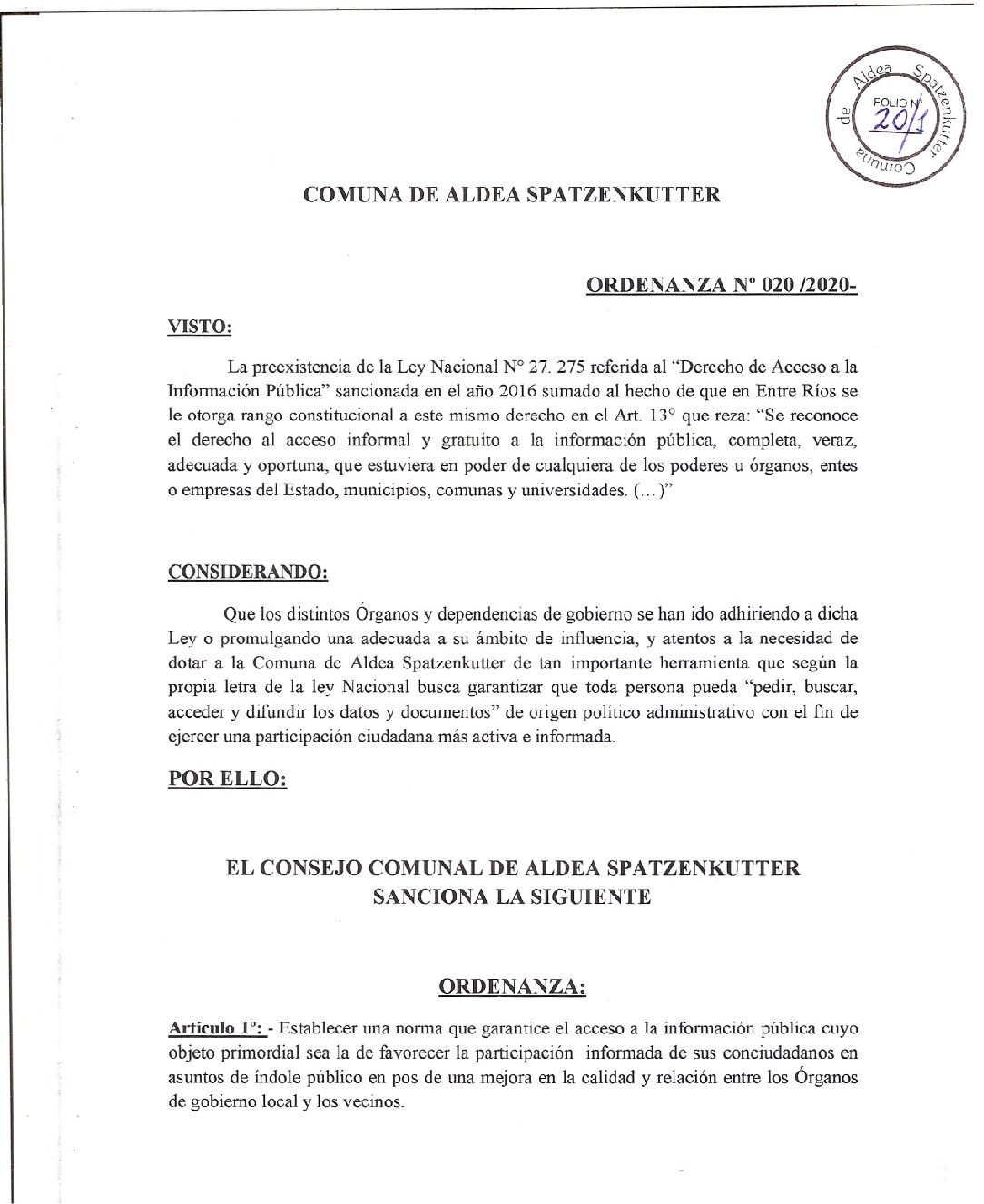 ORDENANZA Nº020-20