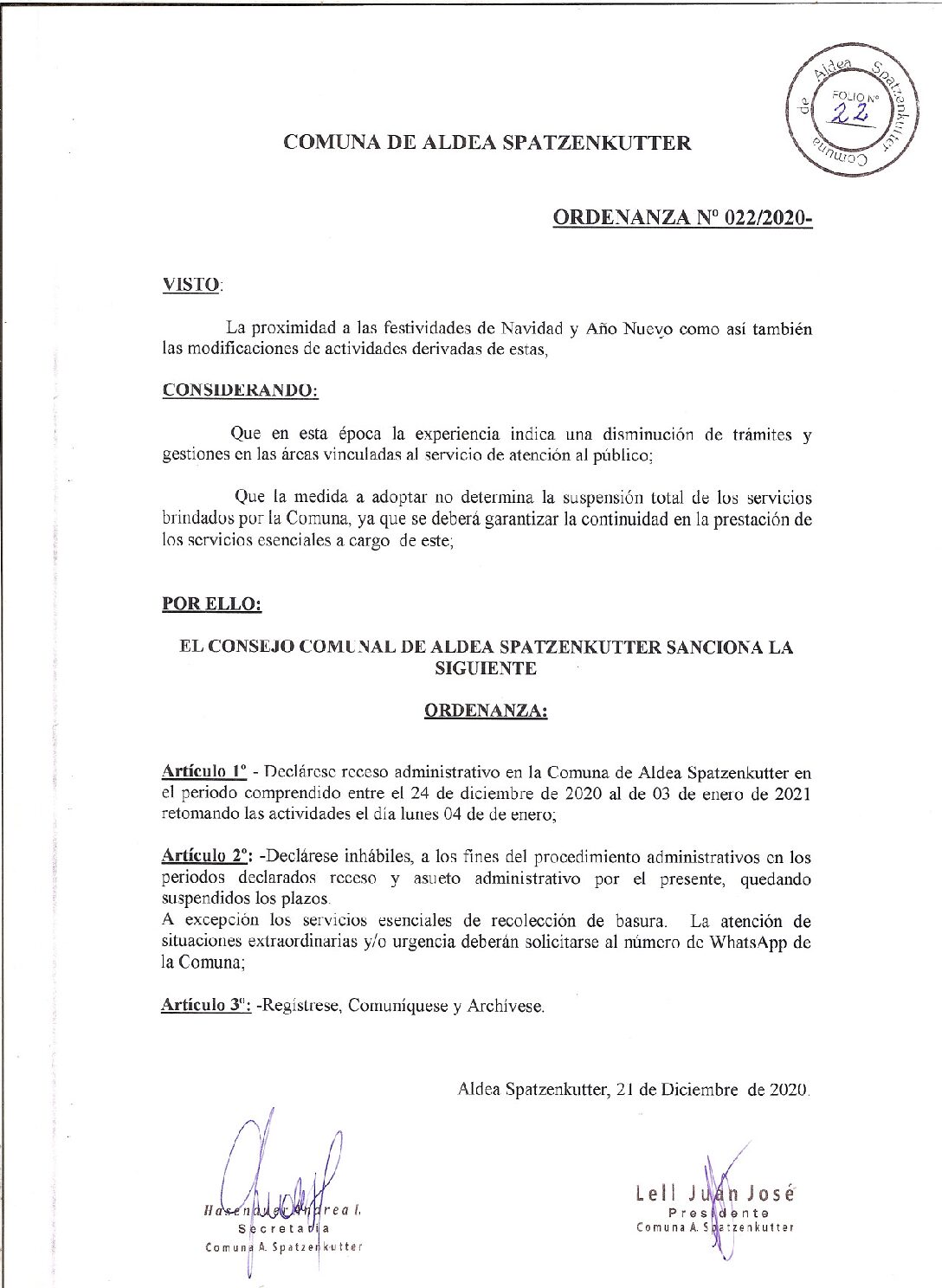 ORDENANZA Nº022-20