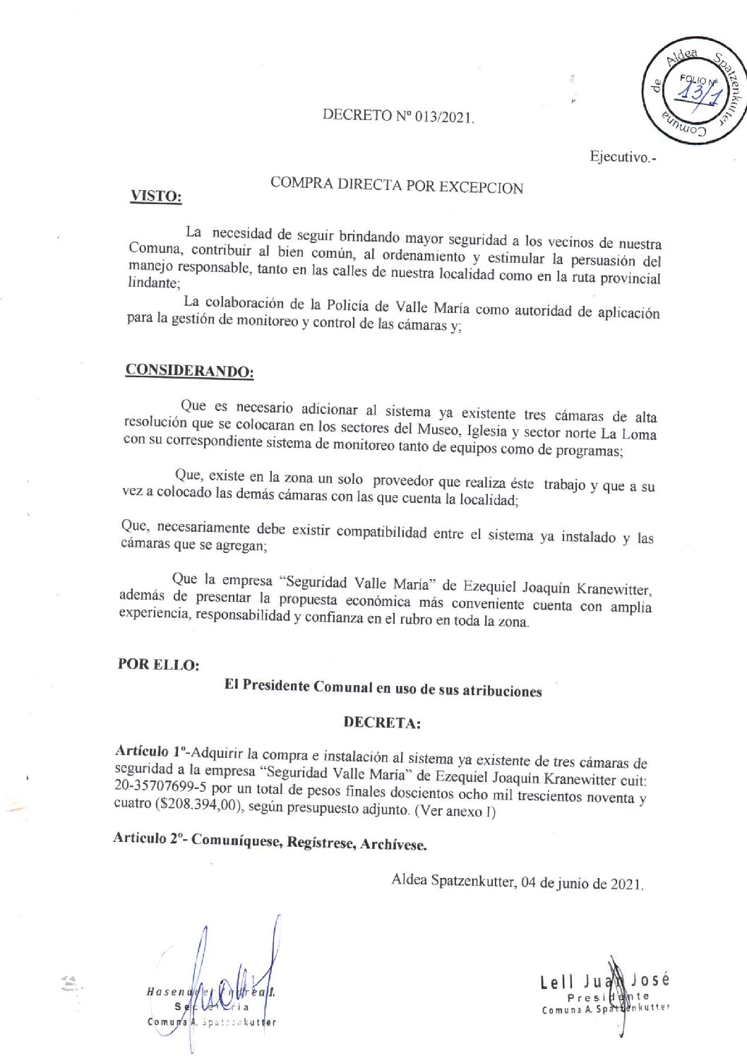 DECRETO Nº 013-21