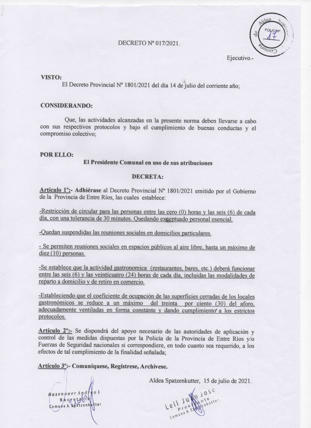 DECRETO Nº 017-21