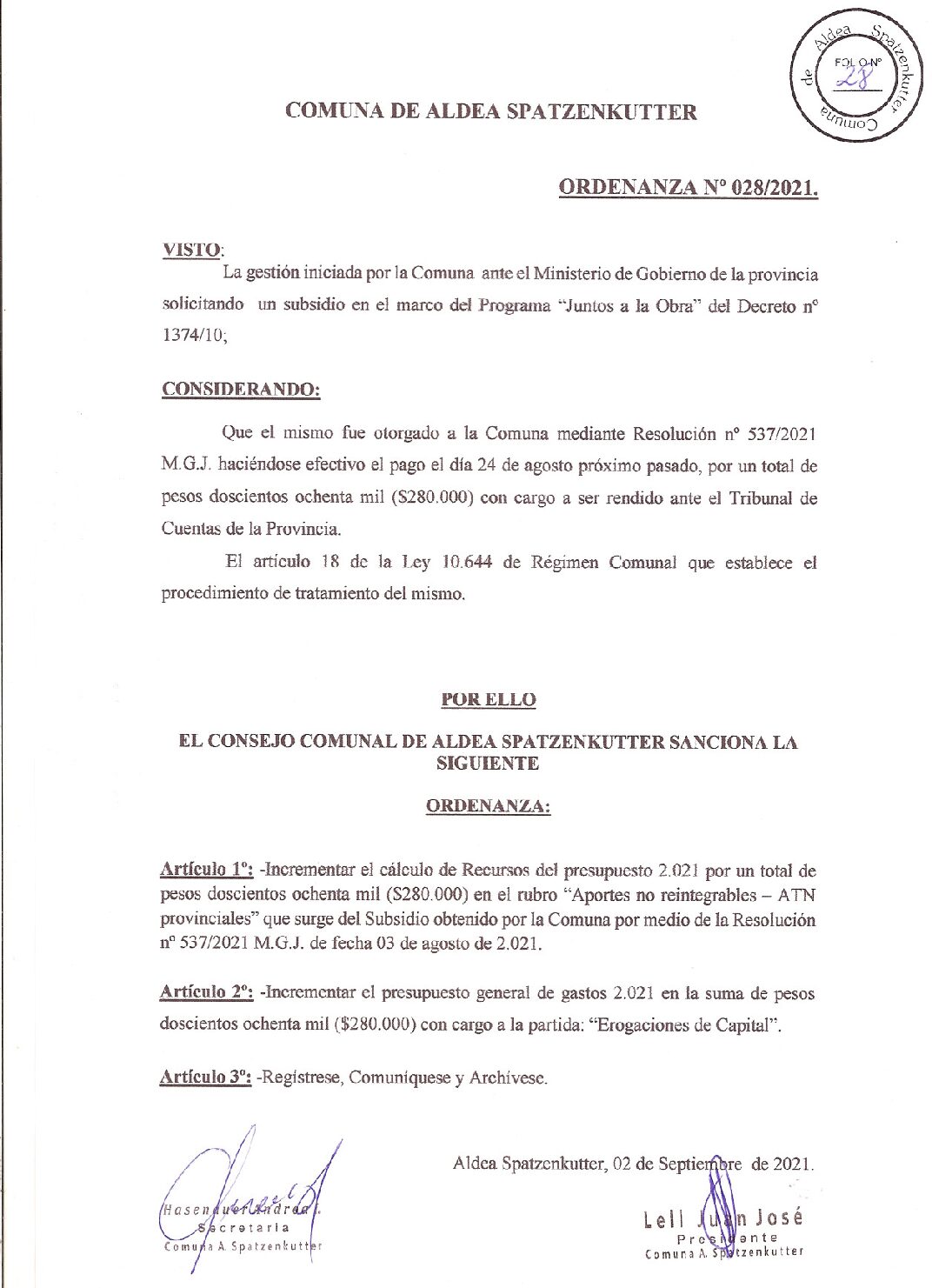 ORDENANZA Nº 028-21