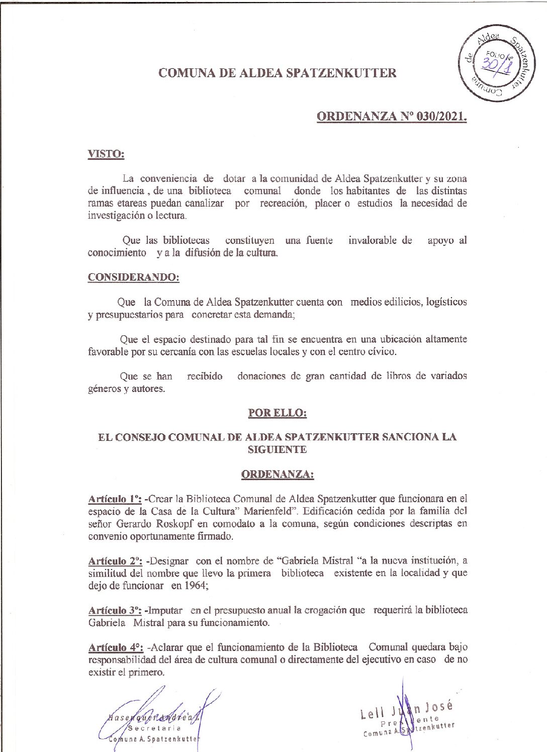 ORDENANZA Nº 030-21