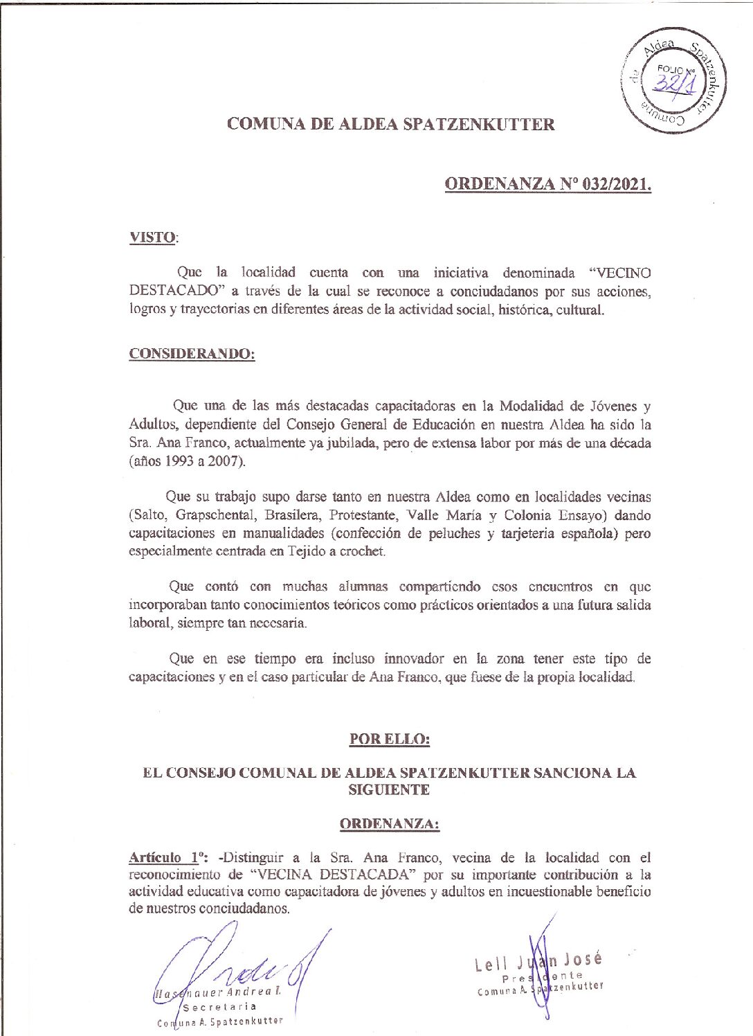 ORDENANZA Nº 032-21