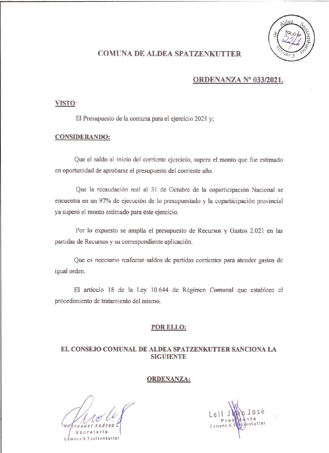 ORDENANZA Nº 033-21