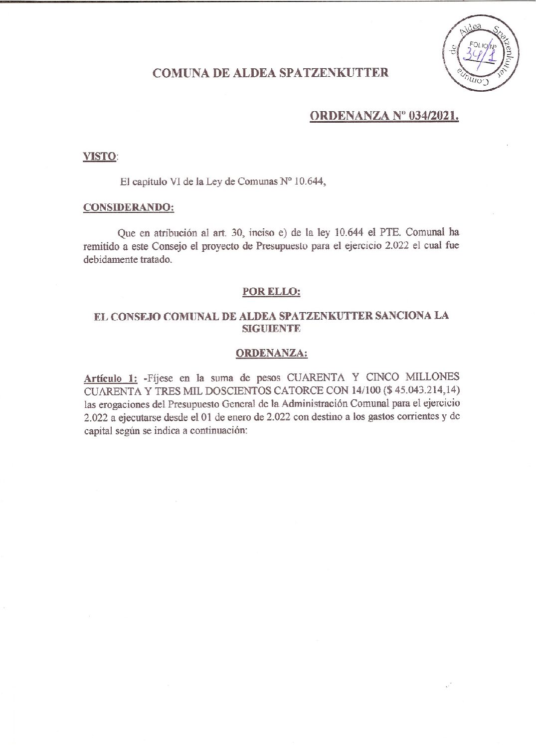 ORDENANZA Nº 034-21