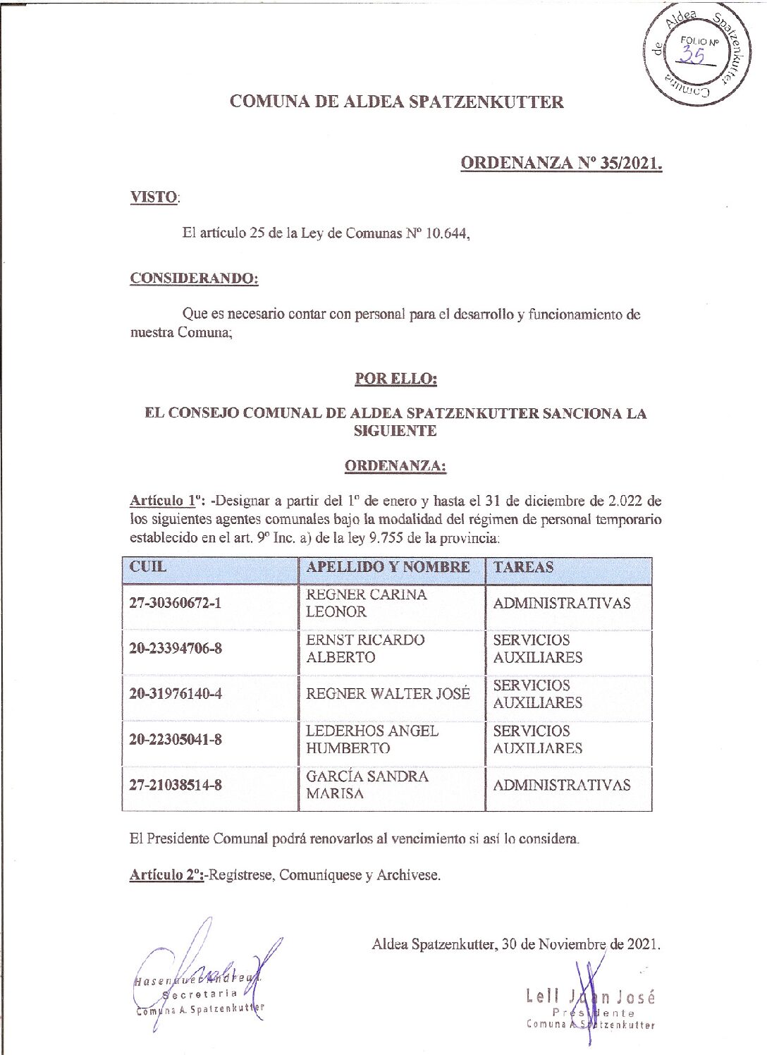 ORDENANZA Nº 035-21