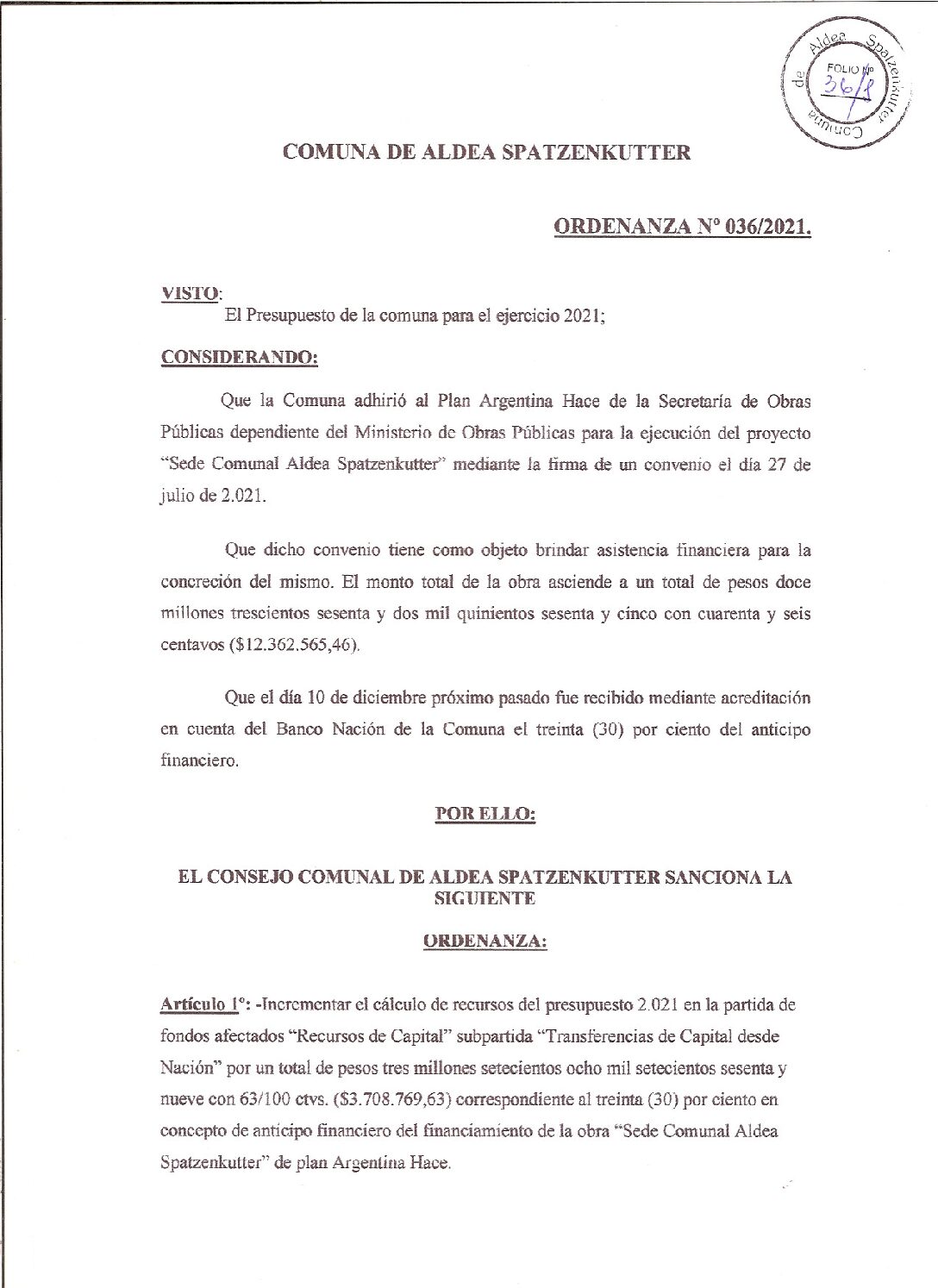 ORDENANZA Nº 036-21