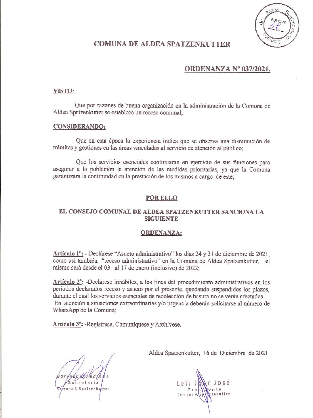 ORDENANZA Nº 037-21
