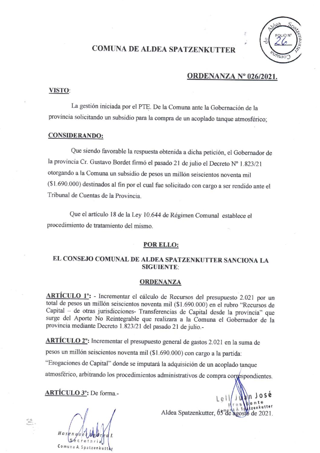 ORDENANZA N° 026-21