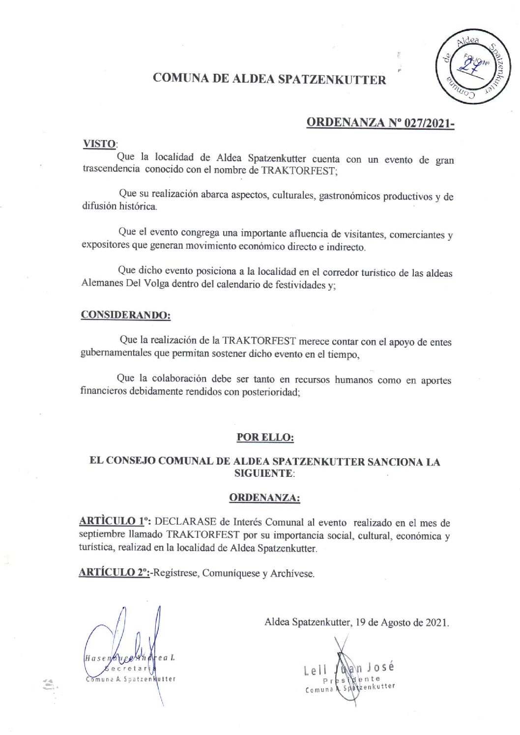 ORDENANZA N° 027-21