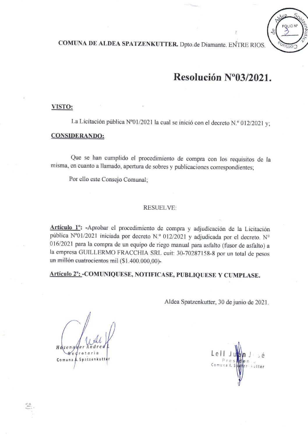 RESOLUCION Nº 03-2021