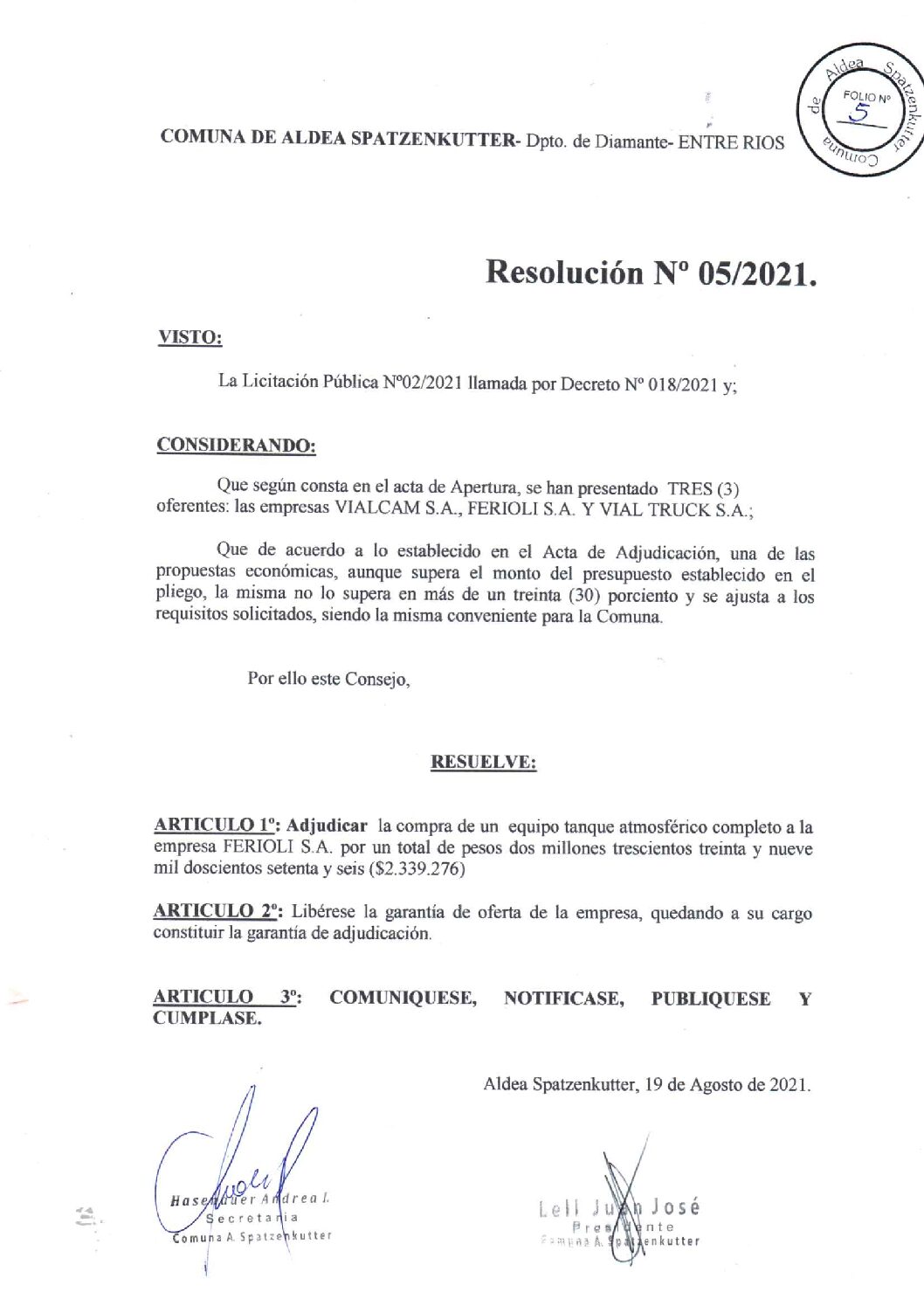 RESOLUCION Nº 05-2021