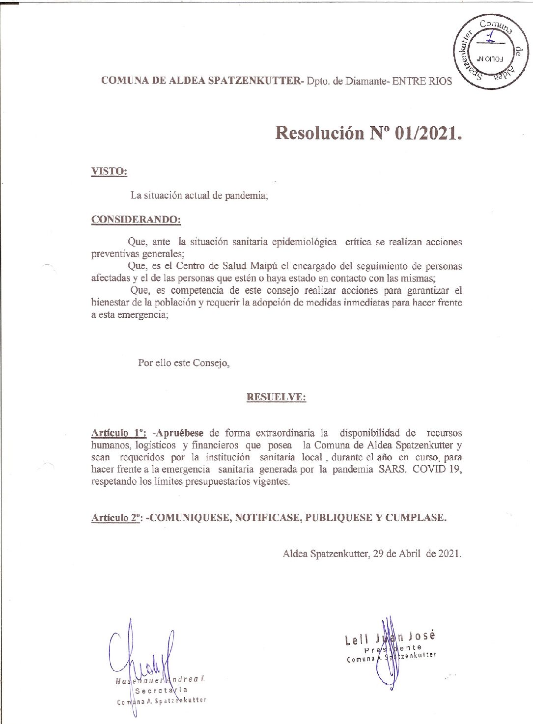 RESOLUCION Nº01-21